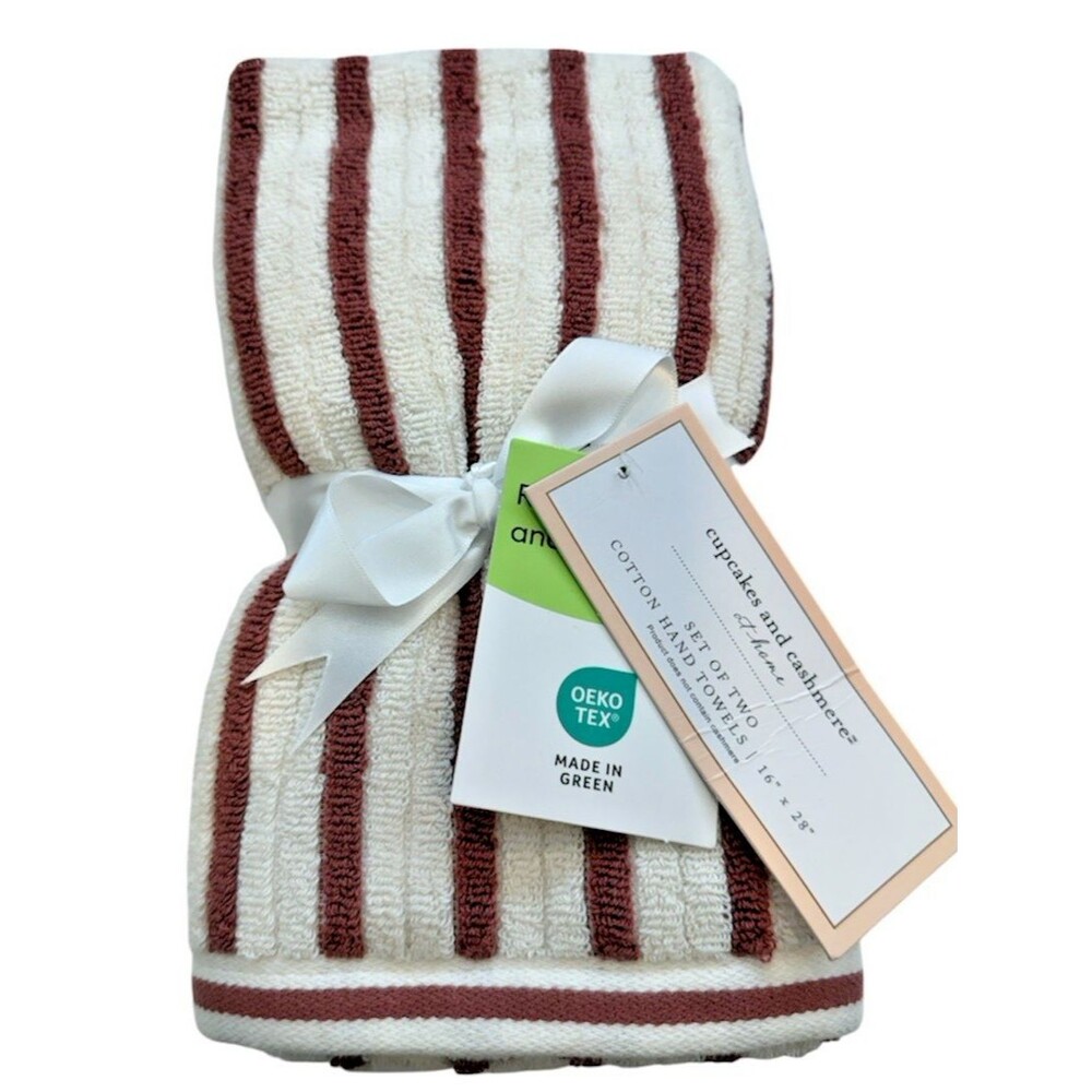 cupcakes and cashmere Hand Towels Striped Cream Dark Pink 16x28"Set of 2 Cotton